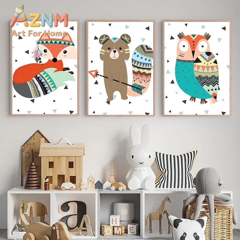 Tribal Style Animals Fox Raccoon Owl Flamingo Tiger Poster Wall Art Print Canvas Painting Pictures Baby Kids Room Home Decor