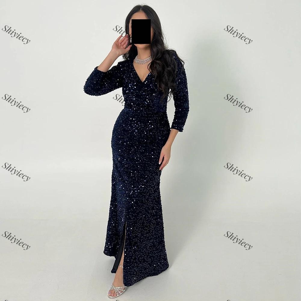 Vestido de lantejoulas com divisão frontal, vestido decote v, vestido reto de baile, veludo saudita, elegante, mangas 3/4, ocasiões especiais