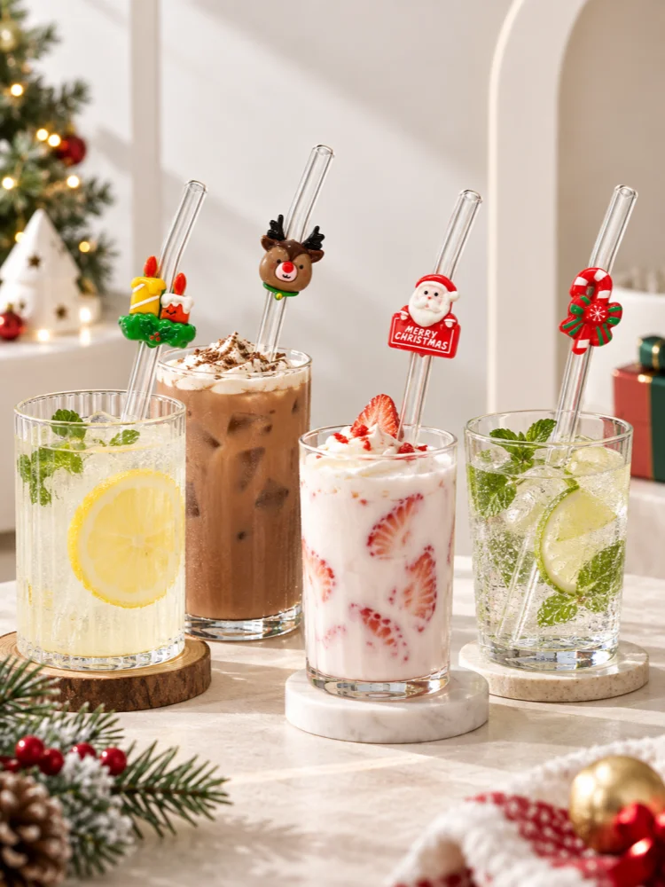 4PCS Christmas Candle Reindeer Santa Candy Cane Glass Straws Bend Reusable Clear Drinking Straws Coffee Juice Gift Xmas