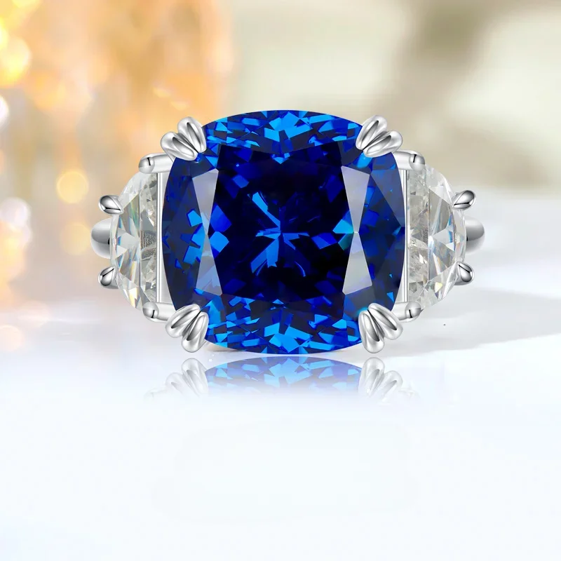 Fashionable and Exquisite Luxury 100% 925 Sterling Silver Royal Blue Ring Set with High Carbon Diamond Luxury Wedding Jewelry