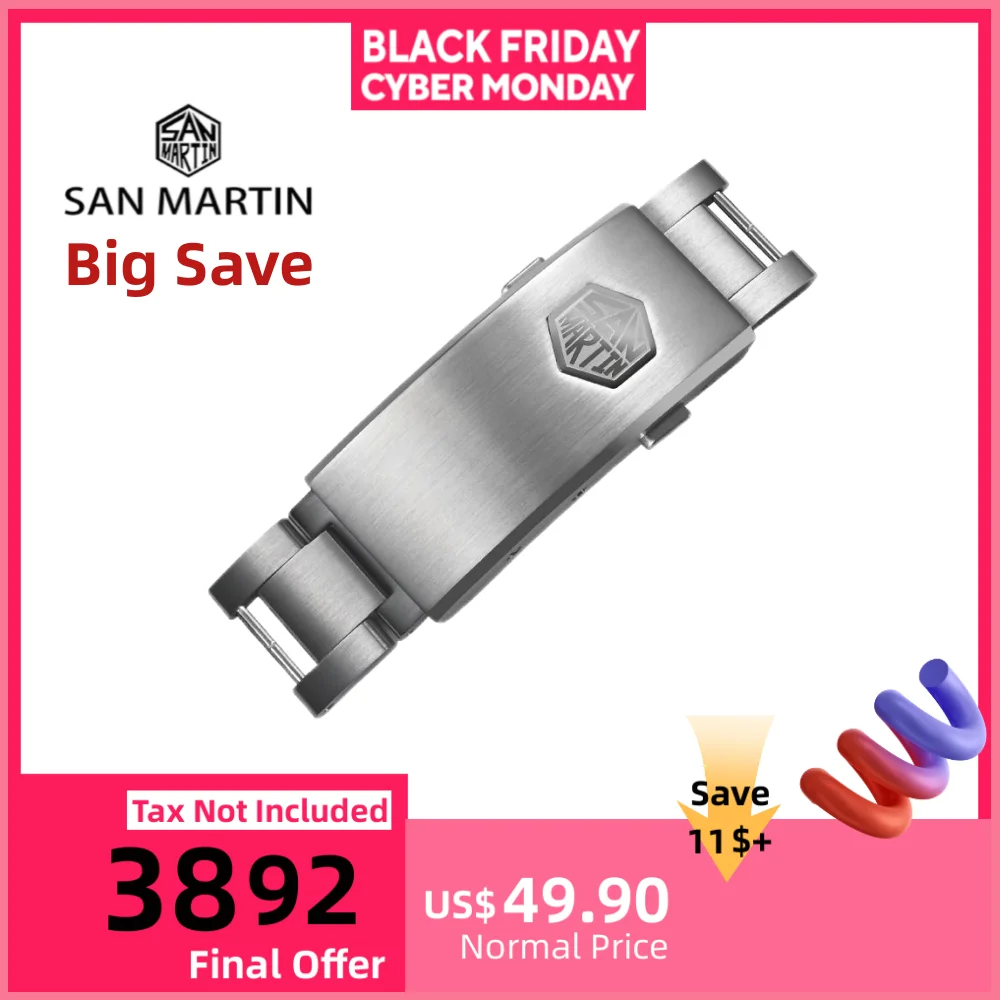 

San Martin 16 мм 316L нержавеющая сталь на муху регулируемая застежка для наручных часов с зубчатыми штифтами и трубками структура браслет