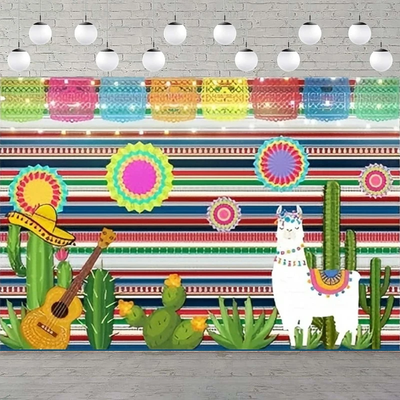 Mexican Fiesta Theme Photography Backdrop Mexico Cactus Guitar For Birthday Party Background Colorful Flags Paper Flowers Banner