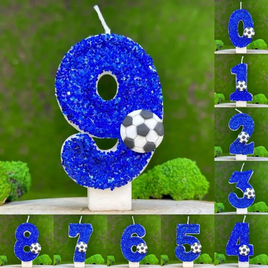 Geburtstagskerzen Blau Fußball Nummer 0-9 Geburtstagskerzen für Kuchen, Lustige Glitzer-Geburtstagskerzen Kuchen Party Jubiläums-Zubehör