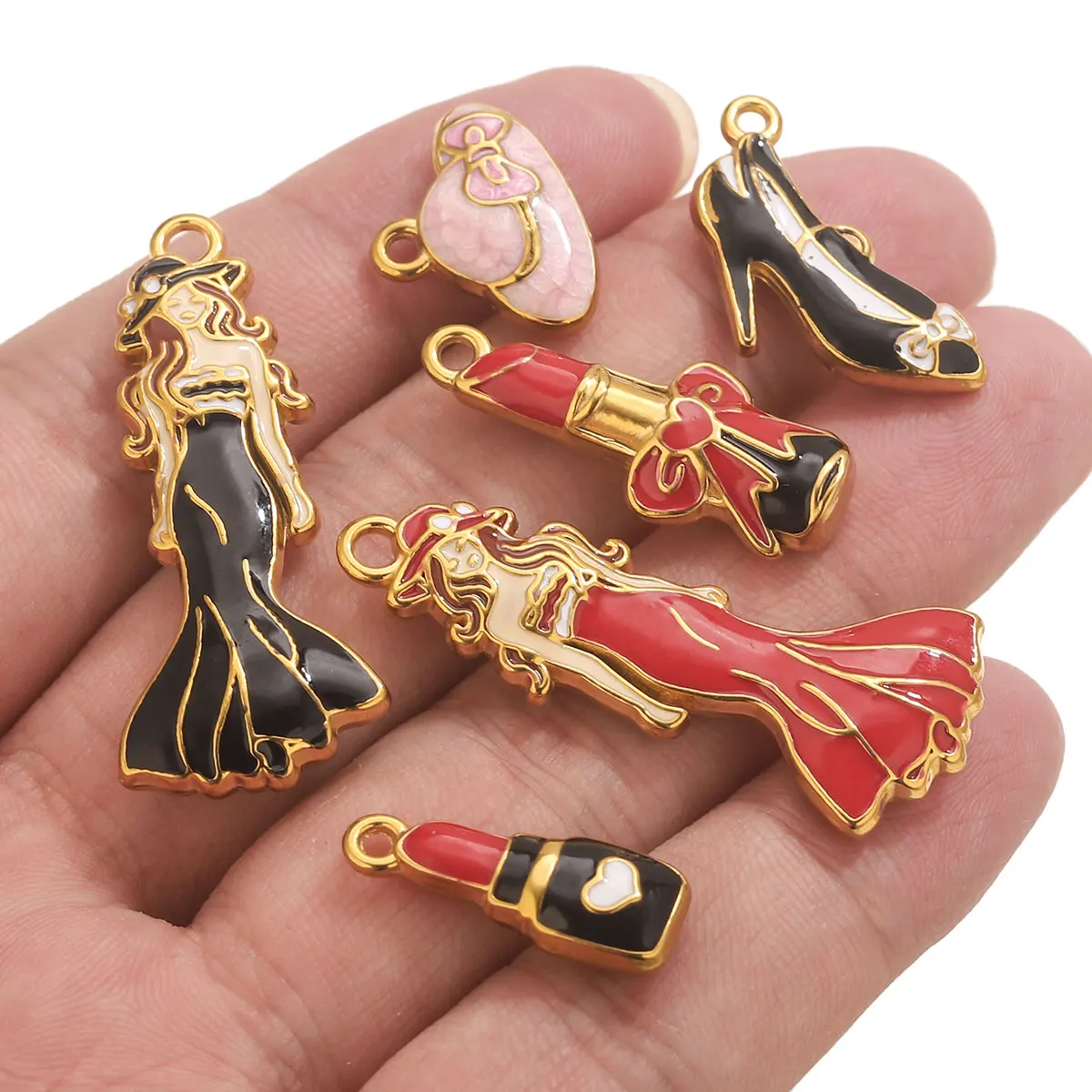

2/5PCS stainless steel enamel 18K lipstick bag high heel pendant for DIY woman necklace earrings jewelry making accessories