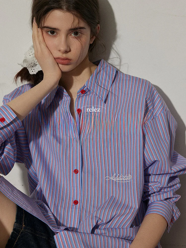 

Свободная повседневная рубашка в полоску с вышивкой, удобная, дышащая, с длинными рукавами, из смесового хлопка, женская, модная, весна-лето-осень