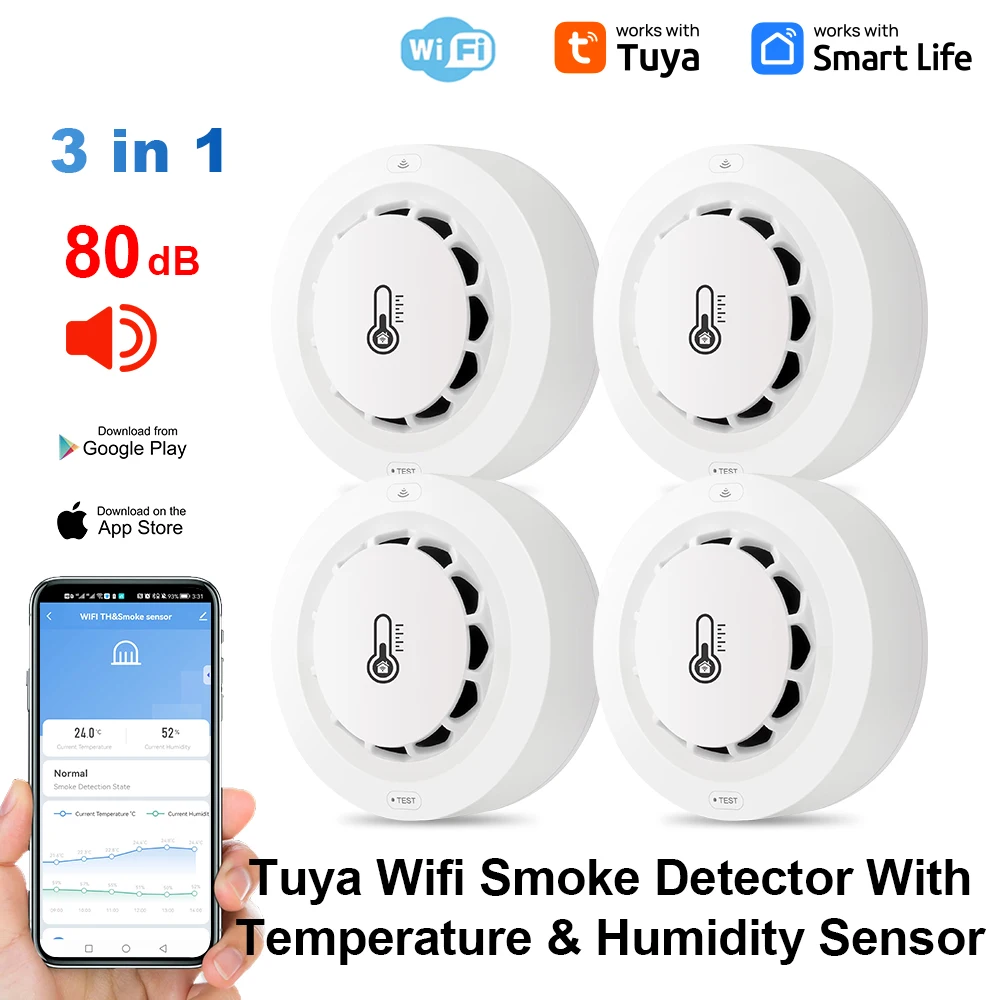 Tuya Wifi BT Rookmelder met twee aansluitingen Temperatuur-vochtigheidsmeetapparaat 80dB Geluidsalarm Afstandsbediening Push Alert-functie