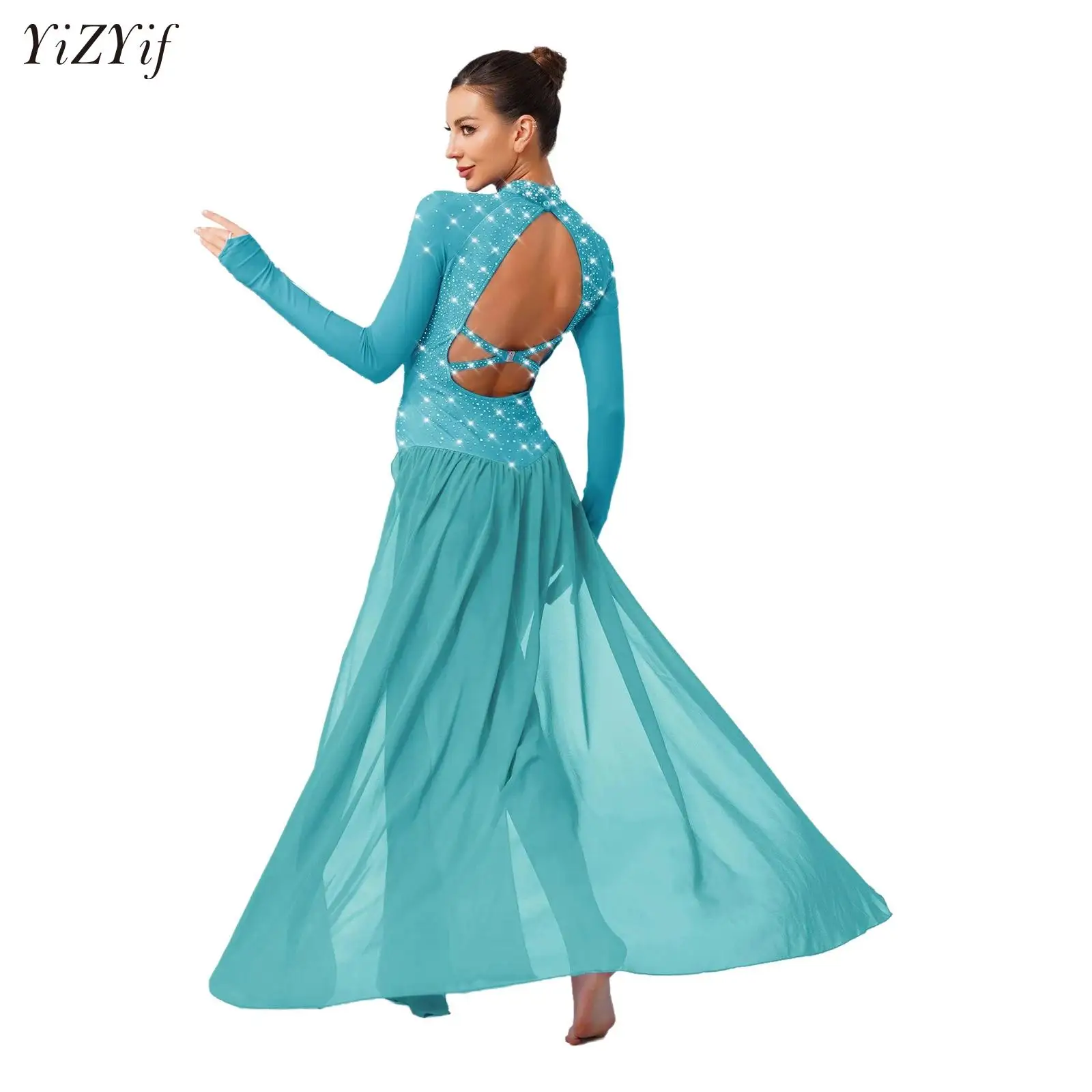 

Women Ballroom Dance Dress Lyrical Dance Maxi Gown Long Sleeve Shiny Rhinestone Slit Hem Dresses Modern Ballet Waltz Dancewear