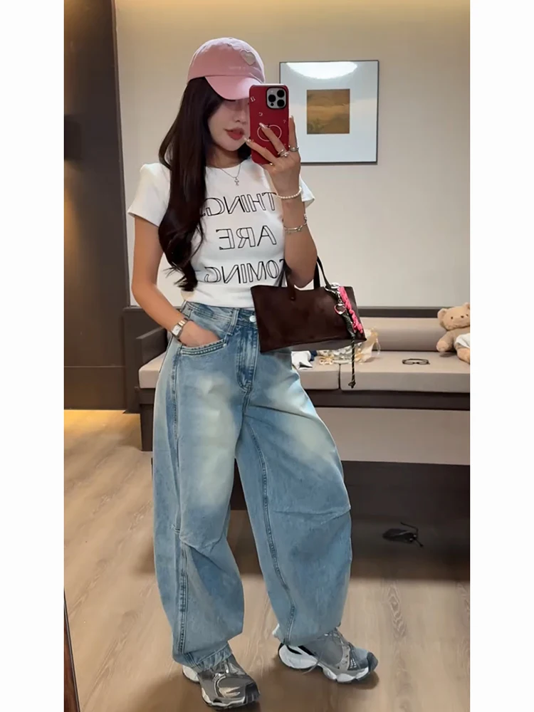 

American Sle High Waist Knife Denim Pants Women's Spring 2025 New Design Loose Wide Leg Pants Banana Long Trousers