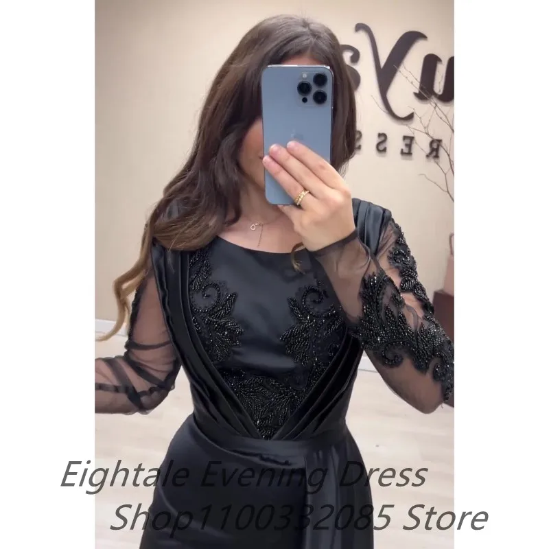 Eightale Black Mermaid Evening Dress Long Sleeve Luxury Appliques Beads Floor Length Formal Prom Party Gown Customized 