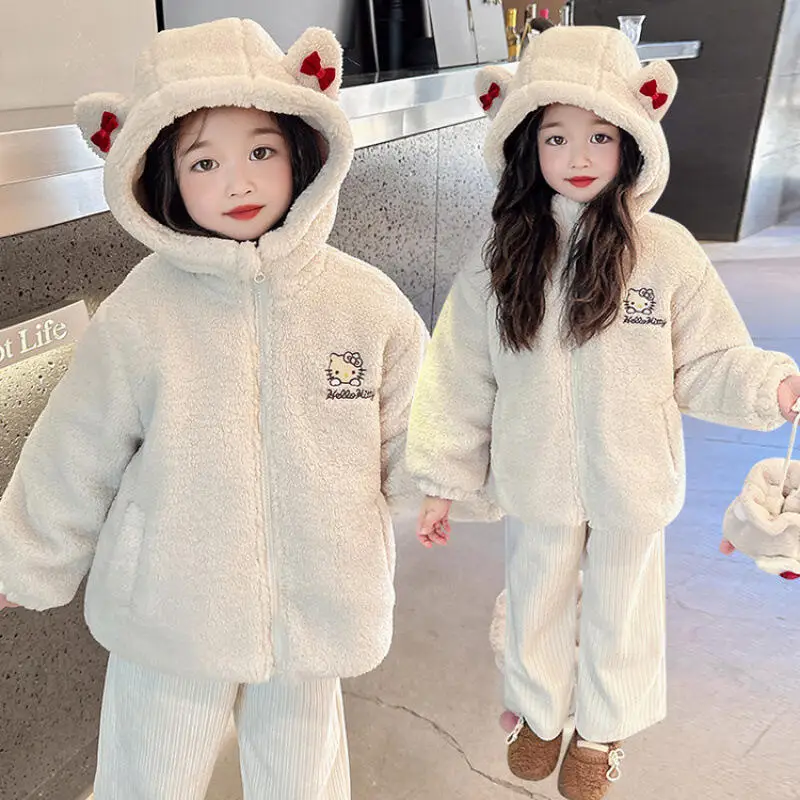 

Hot Sanrio Hello Kitty Winter Coat Hoodie Girl Thicken Jacket Tops Child Kawaii Anime Cartoon Fashion New Style Casual Clothing