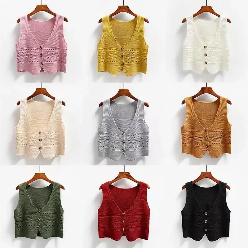 Neu im Frühling Herbst V-Ausschnitt Einreiher Pullover Weste Frauen ärmellose lässige lose gestrickte Strickjacken weibliche kurze Strickwaren