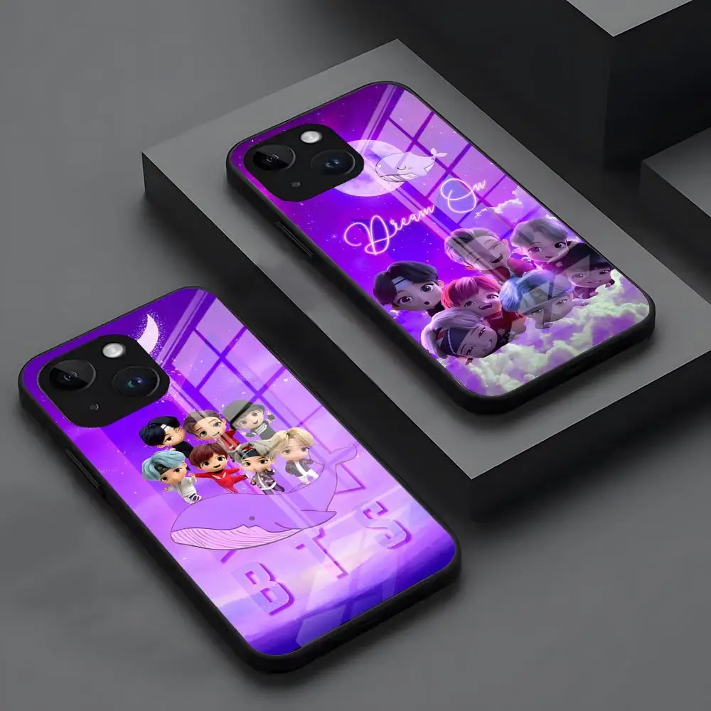 Милый чехол для телефона MINISO-B-BT21 B-BTS с героями мультфильмов для iPhone 17 16 14 Pro 15 13 12 Max 11 XR XS 6 Air 7 8 6s X Роскошный стеклянный чехол