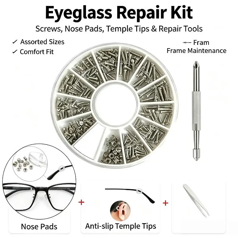 Eyeglasses Repair Kit All-In-One Precision Screwdriver Set with Screws Nose Pads for Daily Sunglass Repair Use