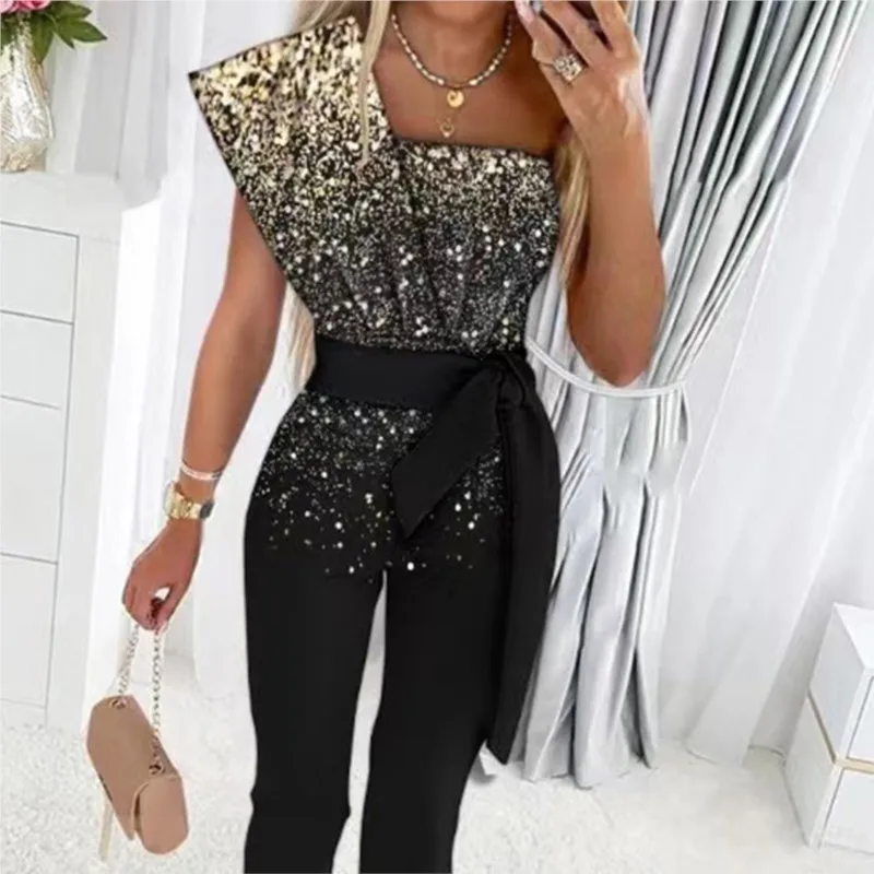 Women's Sequins Patchwork Bodycon Jumpsuit Summer Elegant Fashion One Shoulder Prom One Piece Belt Trouser Overalls Jumpsuits