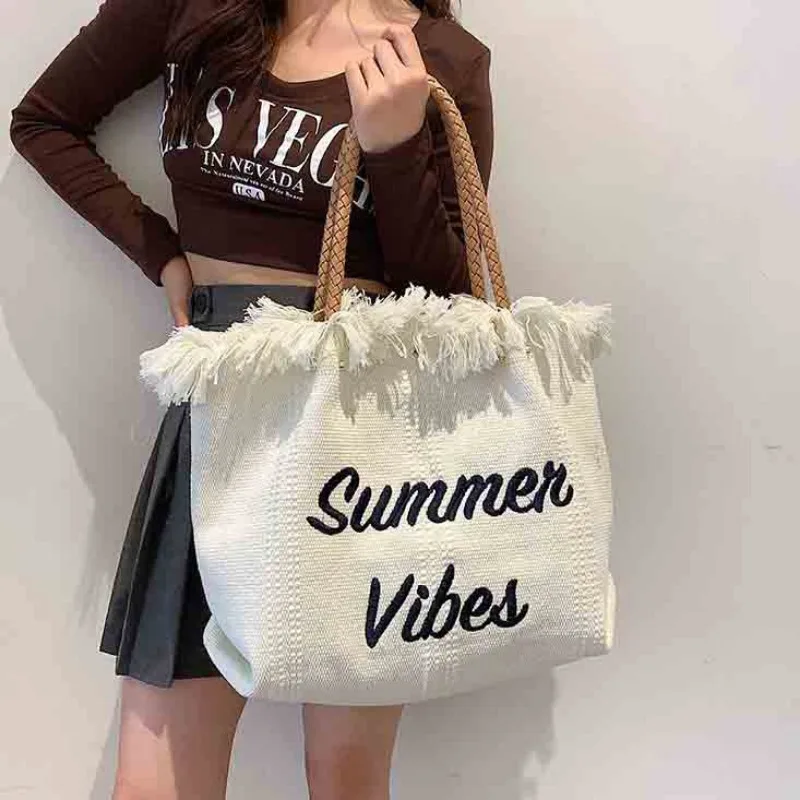 Letter Shopping Bag Designer Tassel Chic Shoulder Underarm Large Capacity Canvas  All-match Shopper Daily Woven Pouch Retro