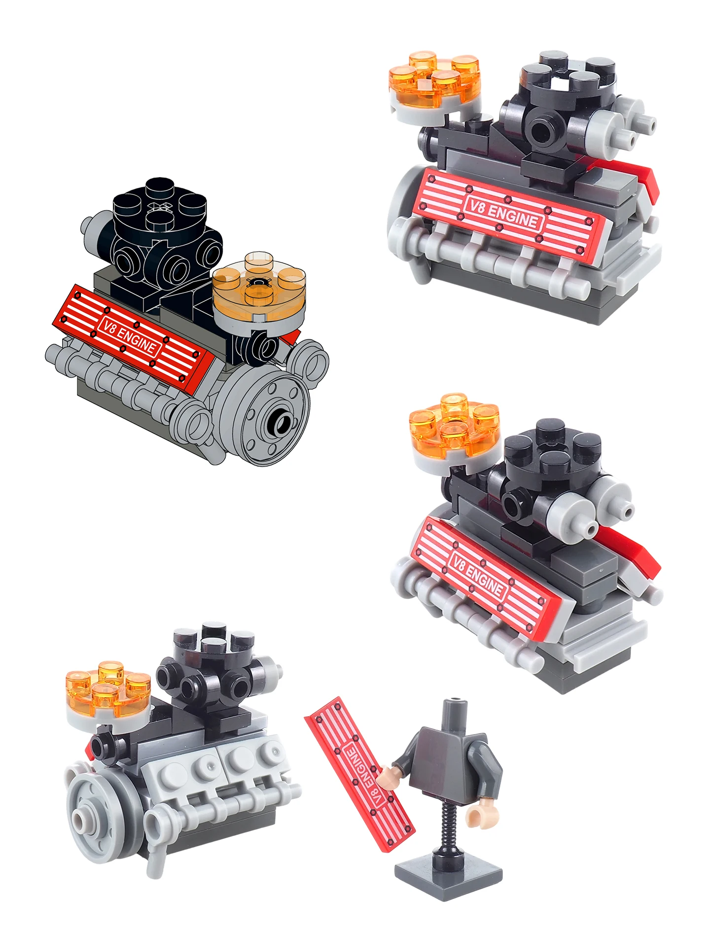 

Строительные блоки двигателя V8, фигурки MOC, спортивный автомобиль, двигатель внутреннего сгорания, модель оборудования, соответствующие украшения, сцены, подарочная игрушка