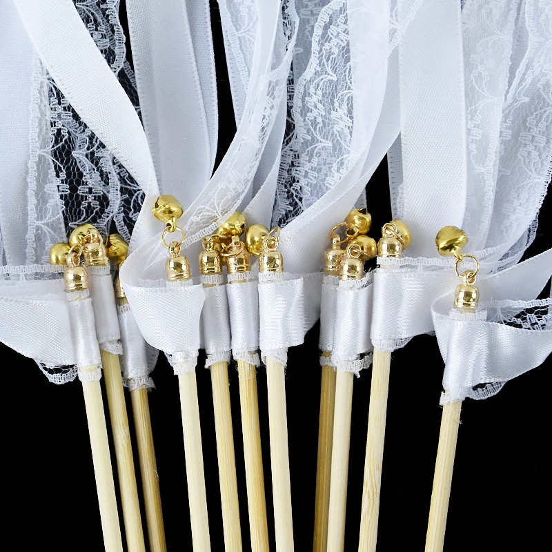 5Pcs White Ribbon Wands Fairy Sticks Wedding Twirling Lace Streamers With Golden Silver Bell Party Cheering Prop Wedding Favors