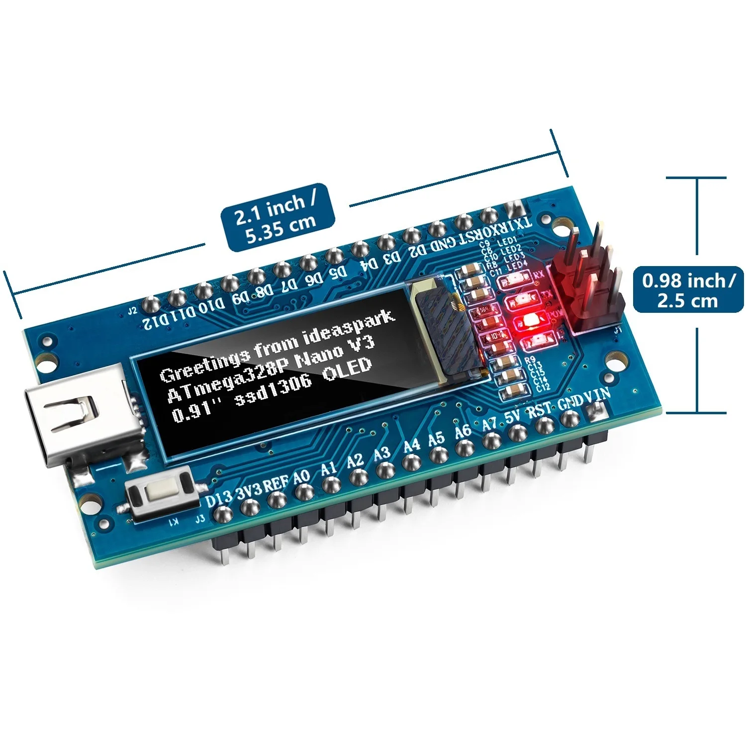 Nano V3.0 com display OLED embutido, compatível com Arduino, V3.0, ATmega328P, CH340, 0,91 polegadas, 128x32, SSD1306, IIC, I2C