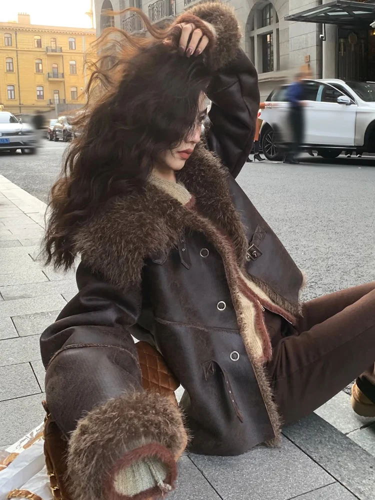 

TFMLN Women Thick Plush Warm Jacket Lamb Wool Sheepskin Faux Leather Streetwear Loose Fur One Piece Winter Fashion Outerwear