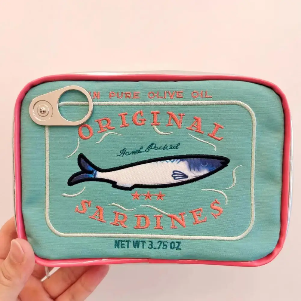 Canned Sardines Makeup Bag Zipper Closure Embroidery Small Toiletry Pouch Portable Travel Toiletry Bag Cosmetic Organizer Case