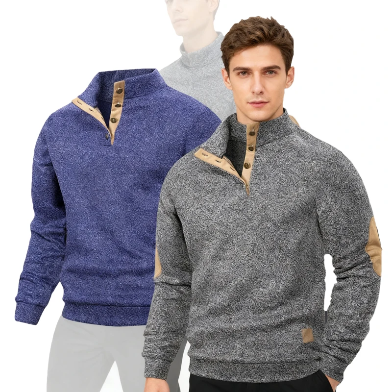 Spring Autumn Men's Casual Pullover Button Down Stand Collar Henley Polo Coats Long Sleeve Stand Collar Sweatshirts for Sport