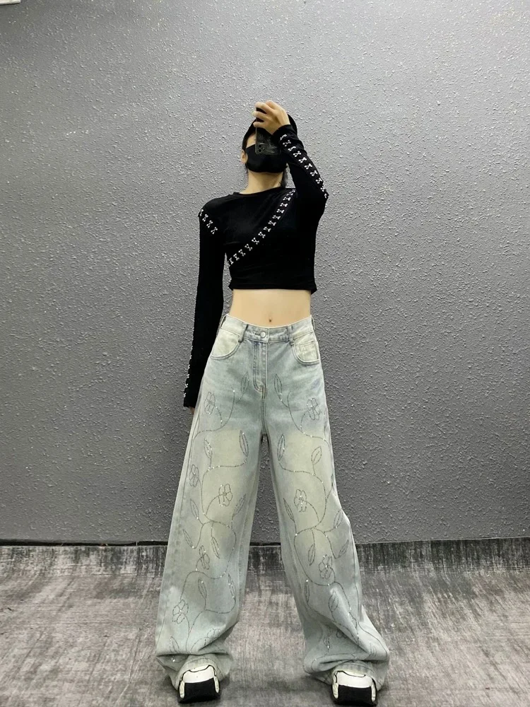 Y2K Wide Leg Jeans Women Shiny Embellished High Waist Loose Straight Floor Length Slimming Autumn