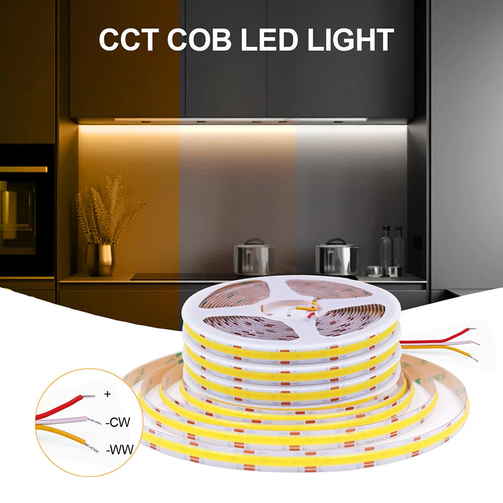 12V 24V COB CCT Led Strip Light Dimmable 608LEDs/m Elastyczna taśma LED Ciepła naturalna biel Dekoracja domu 0.5m 1m 2m 3m 4m 5m