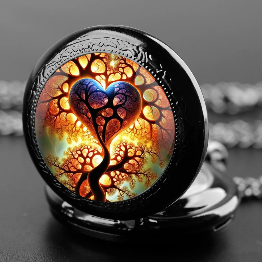 Retro Heart Tree Cretaive Quartz Pocket Watch Vintage Pendant Clock Nostalgic Portable Chain Watches Gift for Men Kids Unisex