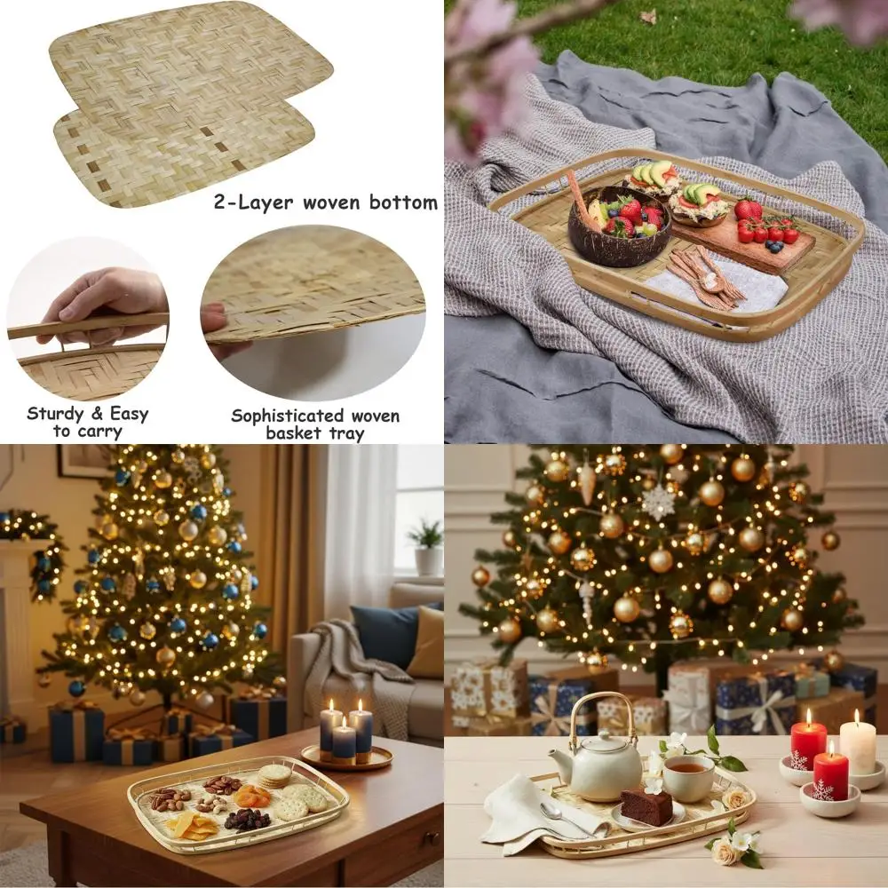 

4 бамбуковых плетеных подноса с ручками для подачи еды и напитков, идеально подходят для кофейных столиков и ужина у кровати