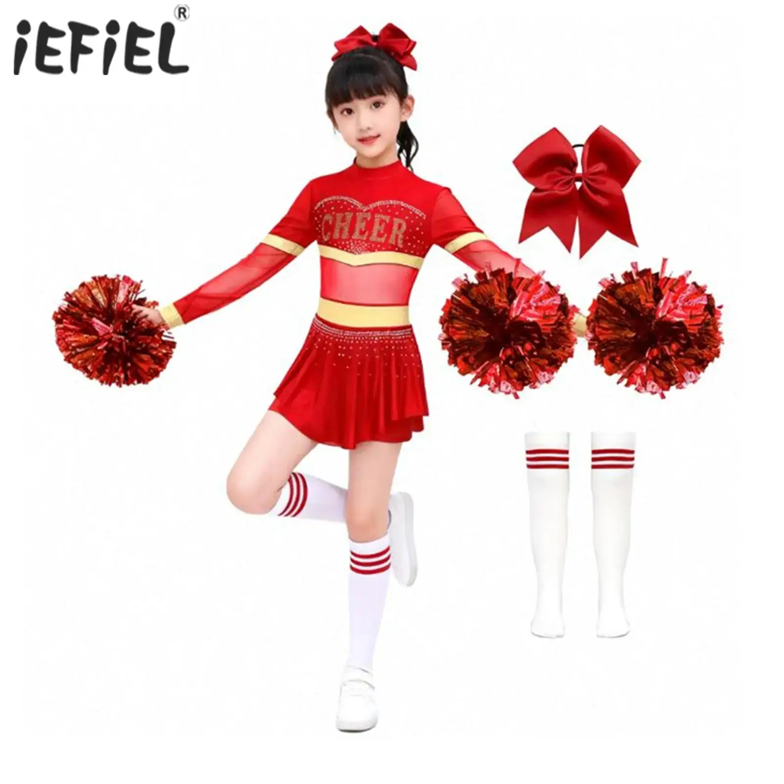 أطفال بنات يهتف زعيم زي التشجيع الباليه ملابس الرقص الحديثة طويلة الأكمام الماس الرقص ثياب بذلة اللباس #1