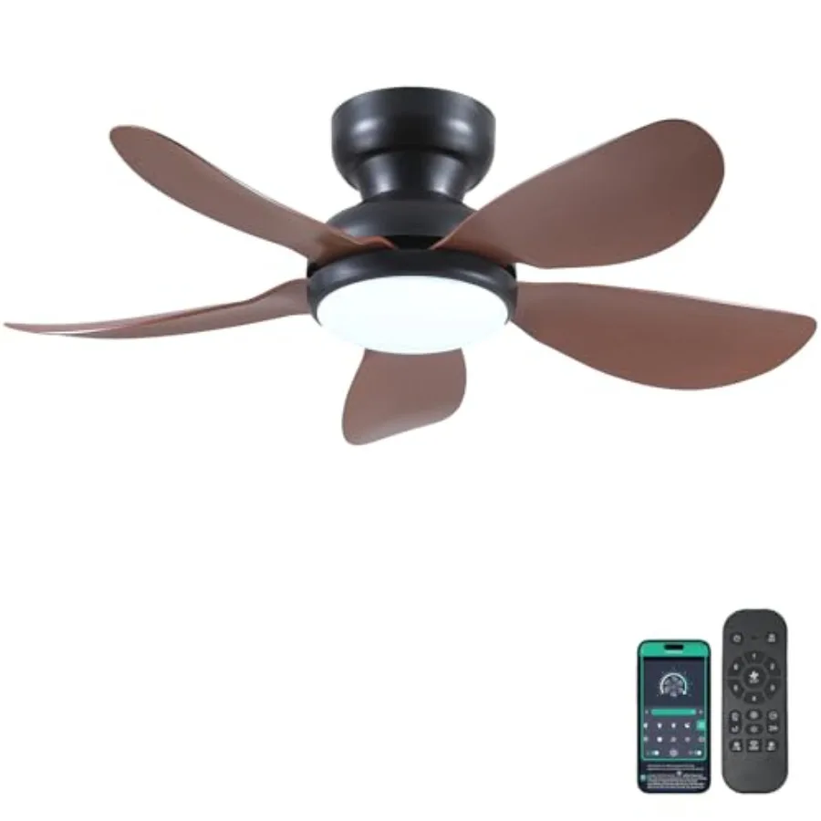 

36 Inch Modern Ceiling Fans with Lights for Room, Brown Flush Mount Fan with Remote/APP Control, 5 Reversible 6-Speed Curved Bl