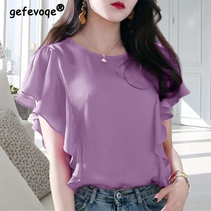 Summer Korean Style Oversized Ruffles Simple Chiffon Shirt Ladies Short Sleeve Loose All-match Top Women Casual Fashion Blouse