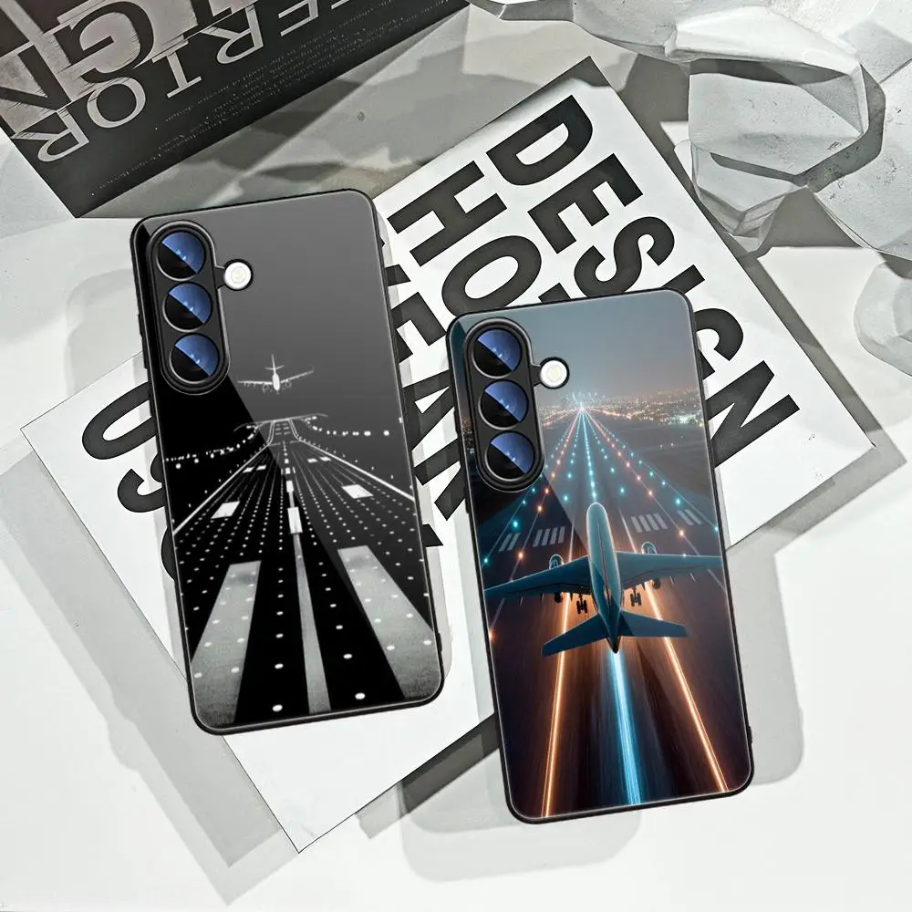 Night View Runway Airplane Phone Case For Samsung Galaxy S26 Ultra S25 S24 S23 S22 Plus S25 Edge S21 Note Tempered Glass Cover