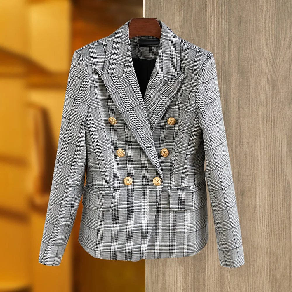 

British Retro Style Women Classy Slim Blazers Double Breasted Quality Lady Outdoor Plaid Jackets