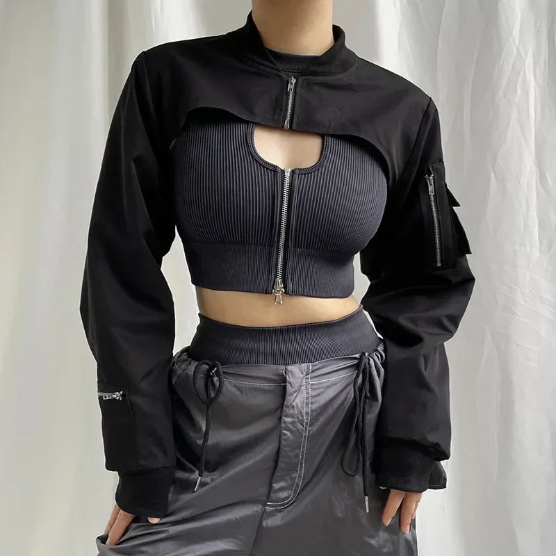 

Punk Style Super Cropped Jacket Zip Up Pocket Patchwork Cargo Jackets Women Outfits Streetwear Black Coat Korean Fashion