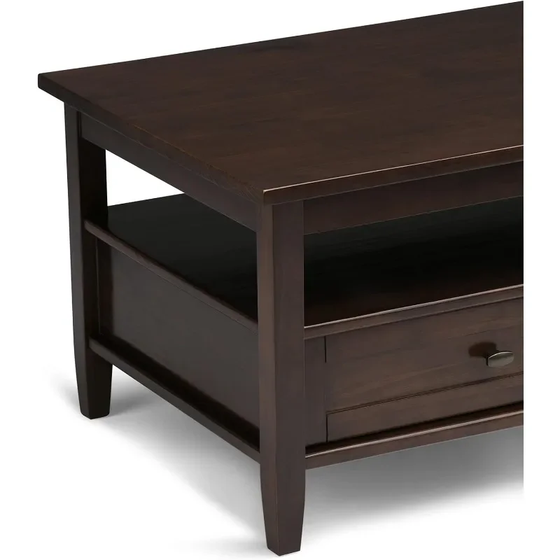 Warm Shaker SOLID WOOD Wide Rectangle Rustic Coffee Table in Tobacco Brown, for the Living Room and Family Room