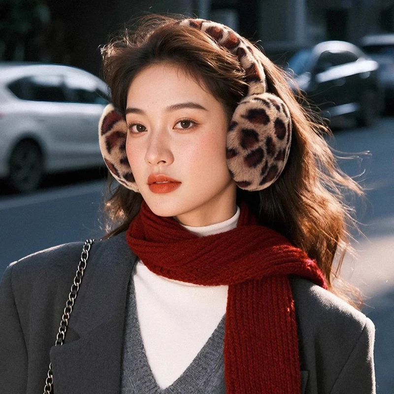 Leopard print autumn and winter women's ear protectors plush and warm anti freezing for students' ears and anti cold for student