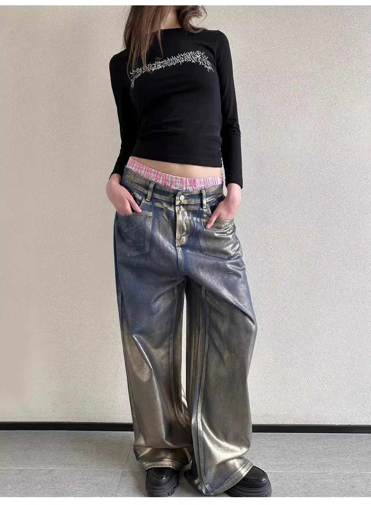 Shiny Blue Silver Women Pant Female Business Work Wear 1 Piece  Loose Casual Wide Leg Trouser