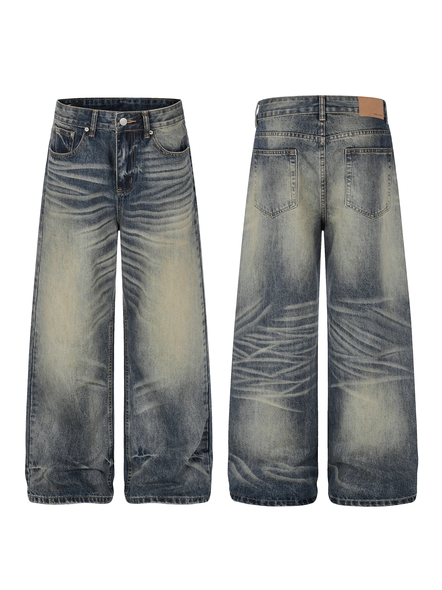 Jeans Retro Americano Lavado para Homens e Mulheres, Calças Longas de Perna Reta e Larga, Jeans Casuais de Ajuste Solto Uniss...