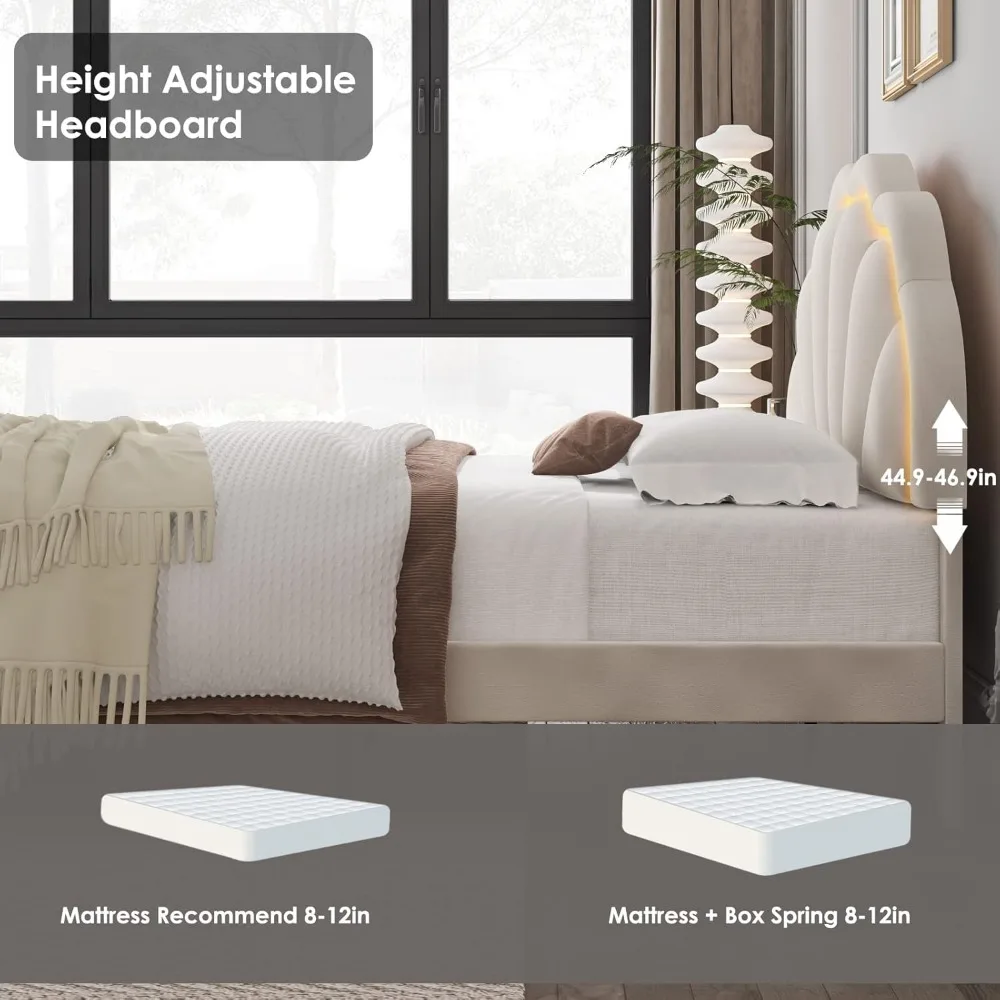 hifit full upholstered smart led bed frame with adjustable chic petal headboard, princess full size platform bed frames for kids