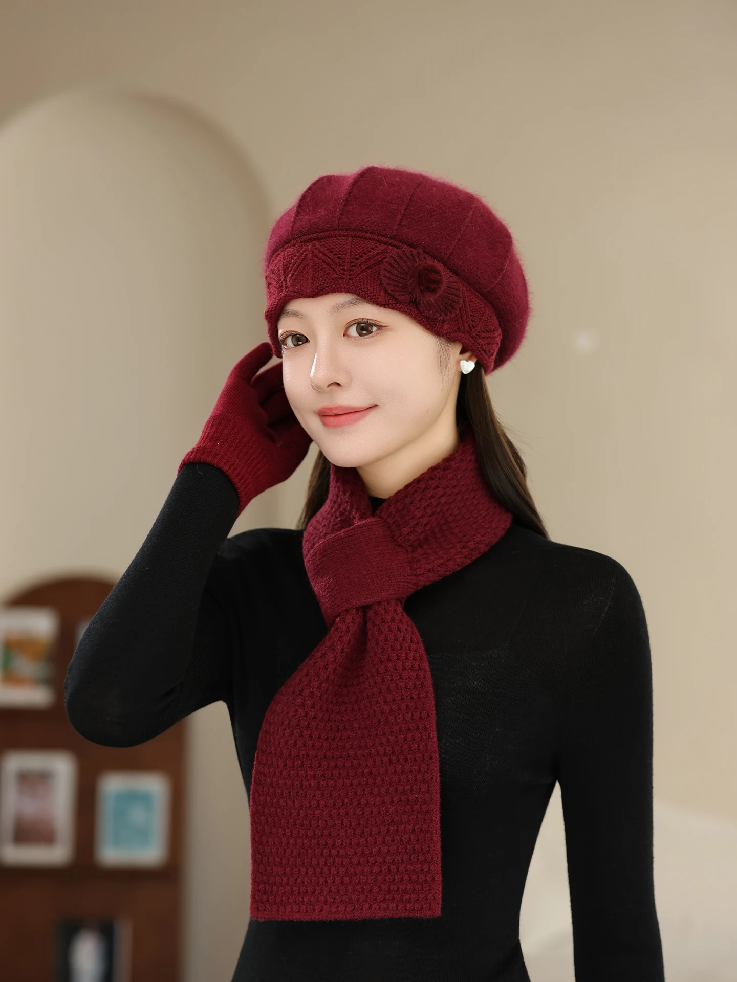 Warm Fleece Lined Knitted Rabbit Fur Hat for Women Casual Wide Brim Cap Autumn Winter Fashionable Mom Hat Elderly Friendly