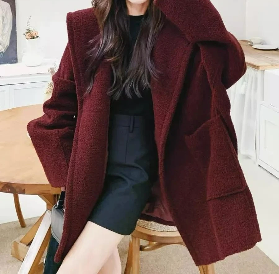

Hooded Loop Wool Coat Winter New Thickened Mid-Length Woolen Jacket for Women