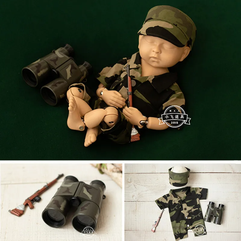 Accesorios de fotografía para recién nacido, pelele, sombrero, telescopio, uniforme militar de camuflaje, traje de combate especial, atuendo para