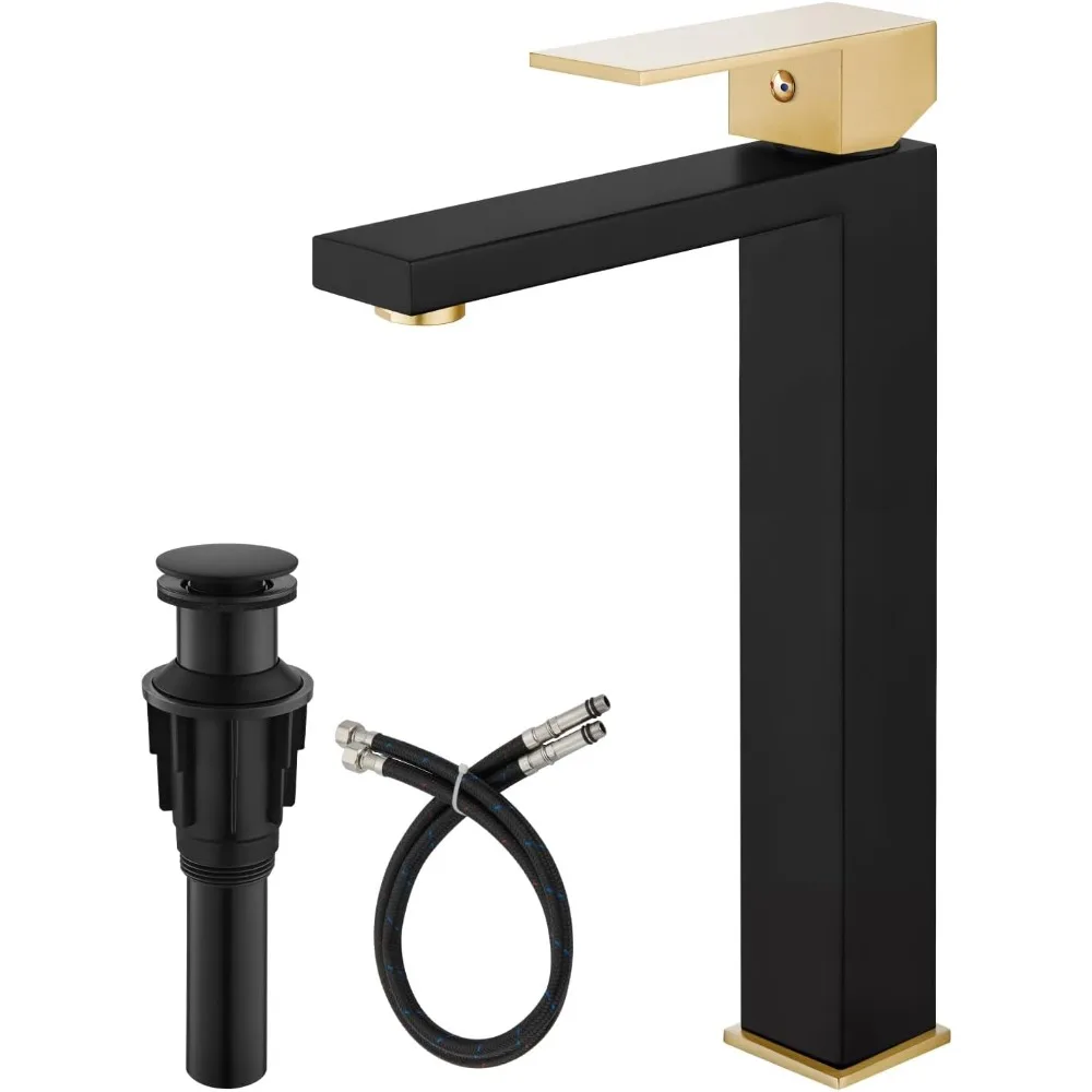 صنبور سفينة بفتحة واحدة باللون الأسود غير اللامع والذهبي المصقول، خلاط زينة بمقبض واحد مع خراطيم إمداد وتصريف منبثق غير يتدفق