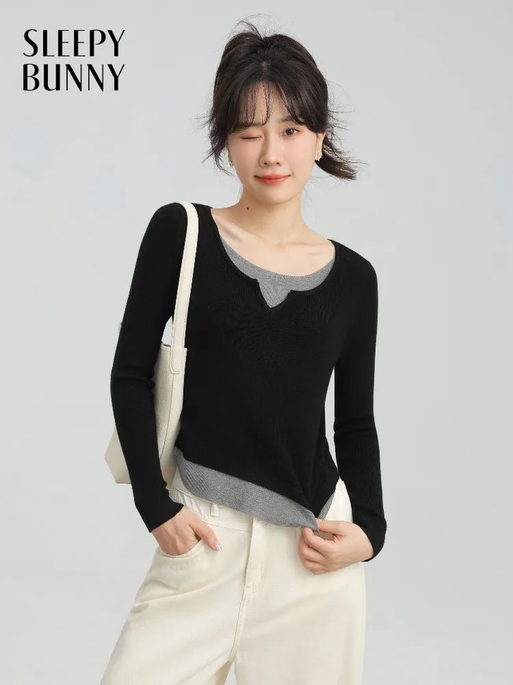 

Slim Fit Knit Pullover Contrast Layered Sweater Top for Women Soft Stretchy Ribbed Long Sleeve Knitwear for Daily Casual Outfits