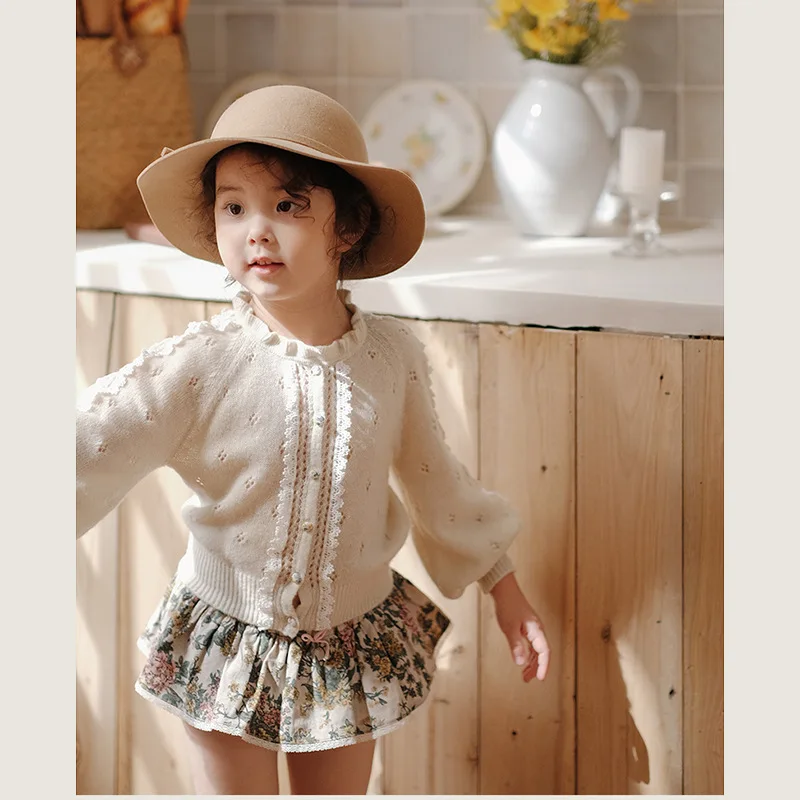 

Spring New French Lace Knitted Long Sleeve Shirt Girl Baby Knitwear Retro Flower Bud Pants Baby Girl Sweater Girls Cardigan