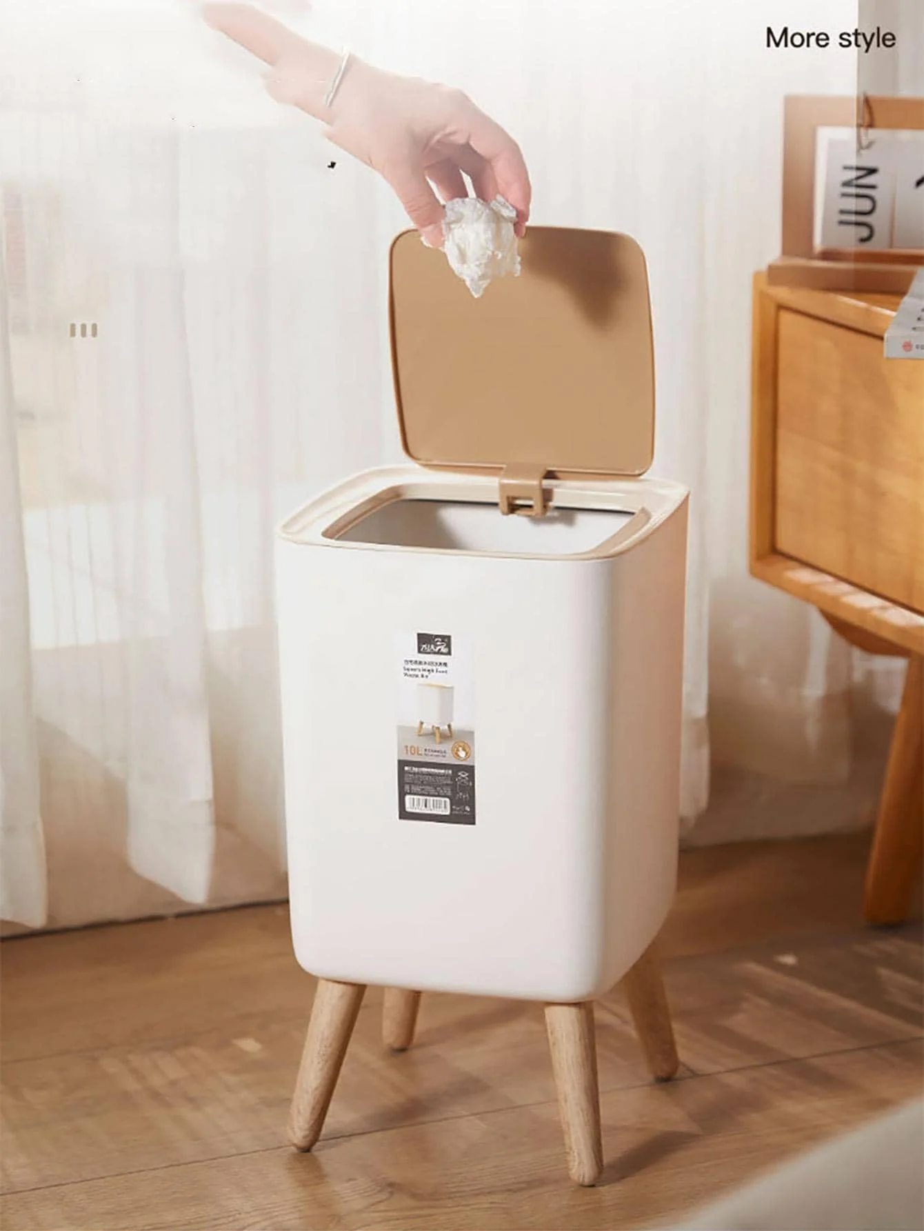 Press Trash Can with Lid Dustbin for Living Room Toilet Bathroom Kitchen Garbage Bucket High Foot Imitation Wood Rubbish Can