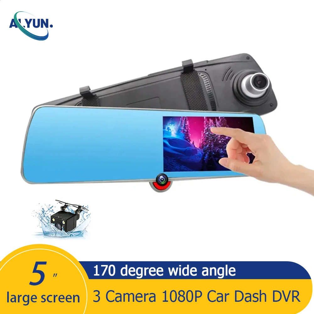 

5Inch IPS Touch Screen Universal Car DVR Dash Cam FHD 1080P 3 Camera Auto Mirror Recorder Rear view reserving image