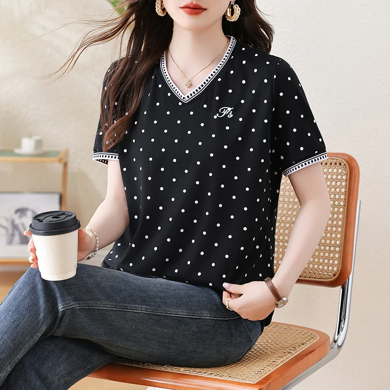 

Summer New plus Size Women's T-shirt V-neck Short Sleeve Loose Polka Dot Base Shirt Cover Belly Commute Style Fashionable