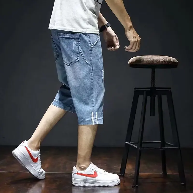 

Summer Thin Seven-Five Jeans Men's Loose Straight Elastic Waist Rope ort Pants Korean Version Trendy Mid-Pants Casual Sle